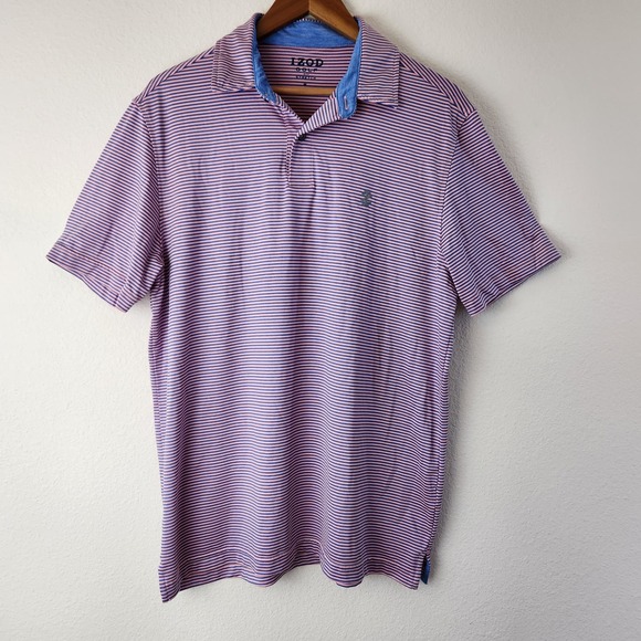 IZOD Golf Shirt Men's Medium Pink Blue Pin Stripes - Picture 1 of 7